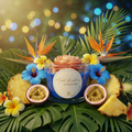 Passionfruit Pineapple candle styled scene with fresh passionfruit, pineapple slices and tropical flowers