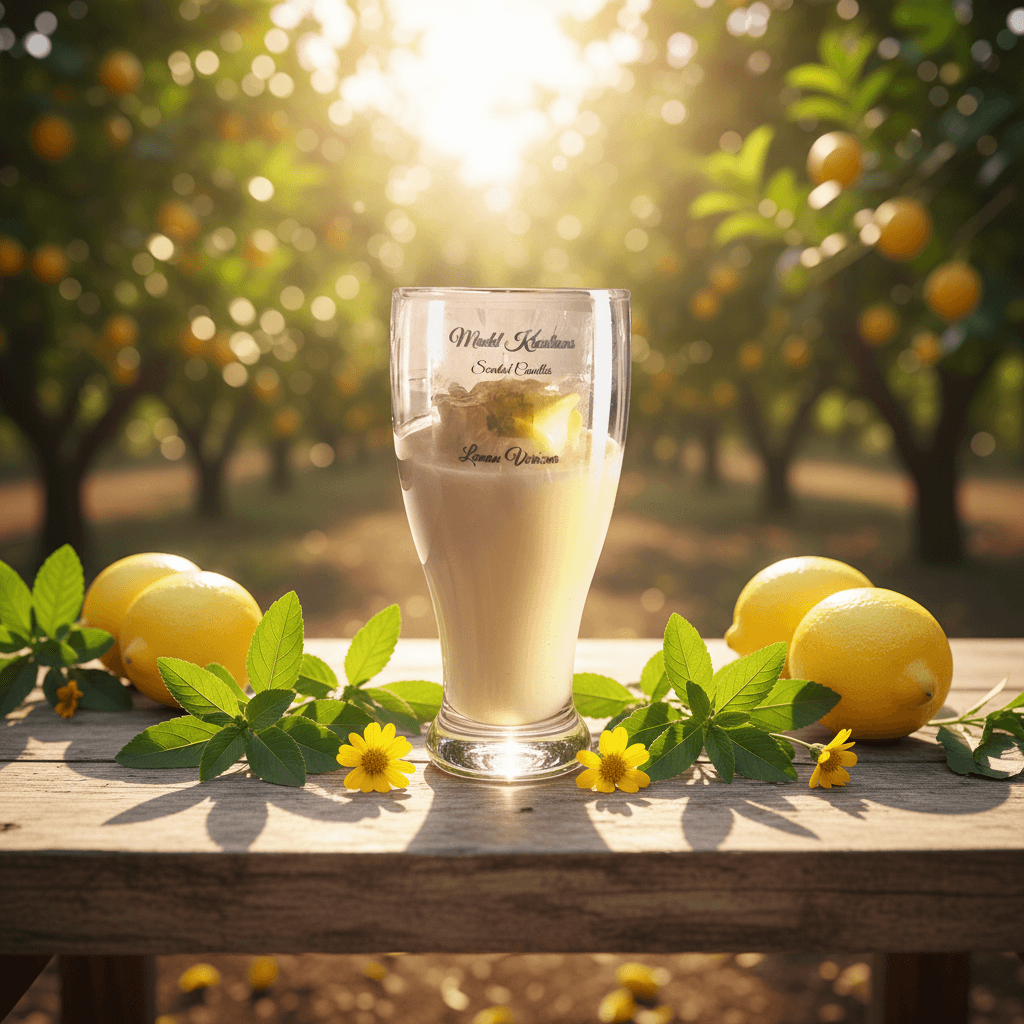 Lemon Verbena — 18oz Pilsner Glass Candle surrounded by lemons and flowers in a sunlit garden.