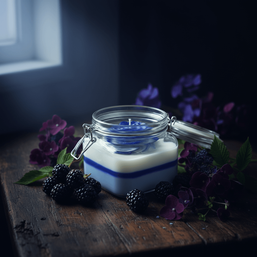 Midnight Blackberry candle in a clamp jar, featuring deep blue and white wax with blackberries and flowers around it.
