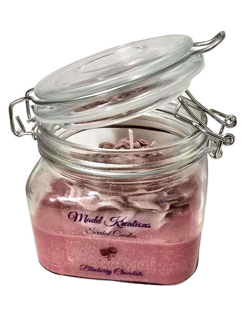 Blueberry Chocolate Scented Candle in a glass jar with lid, featuring a pink wax blend and decorative label.
