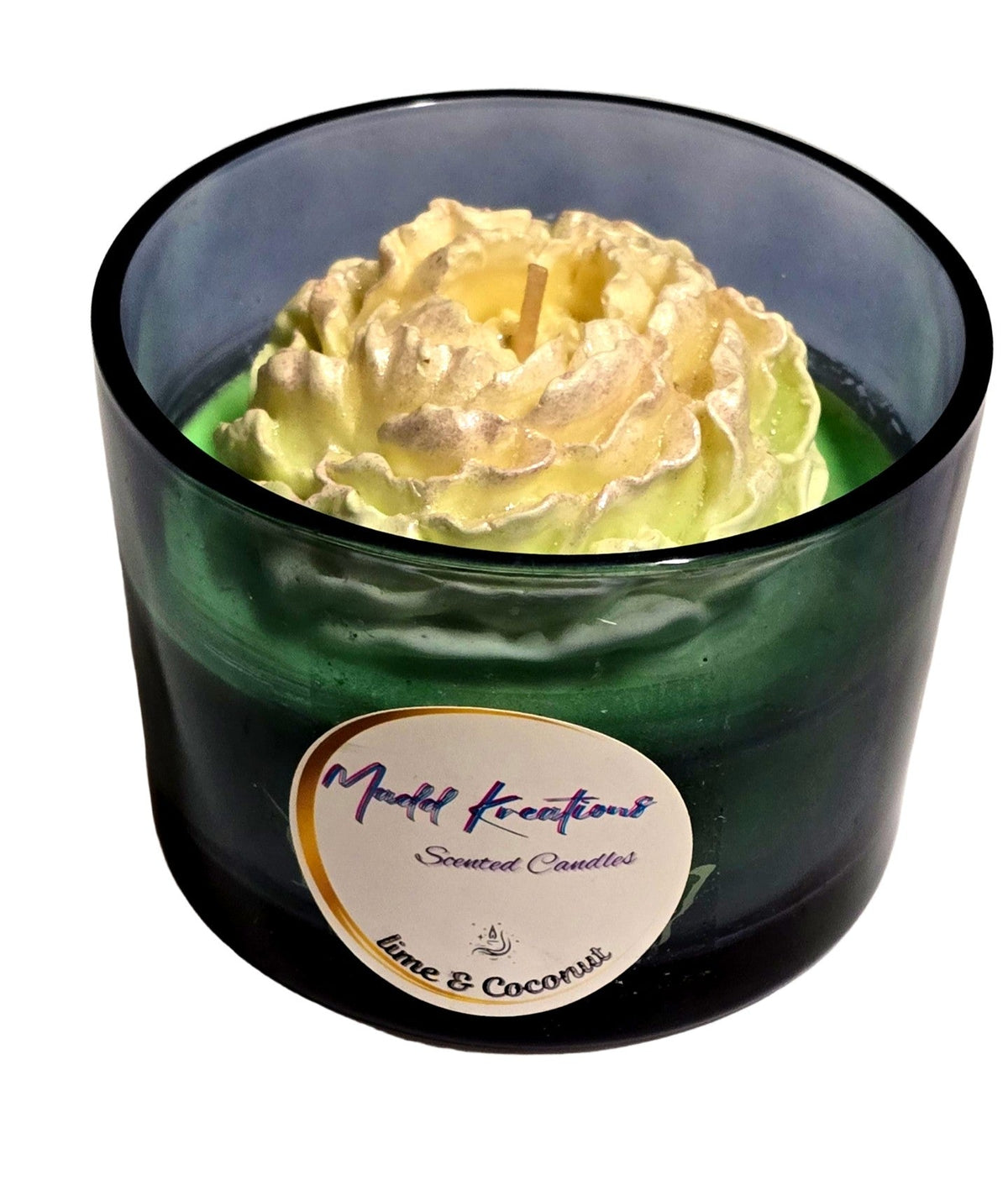 Lime & Coconut hand-poured soy candle in thick dark green glass jar with cream floral wax topper by Madd Kreations